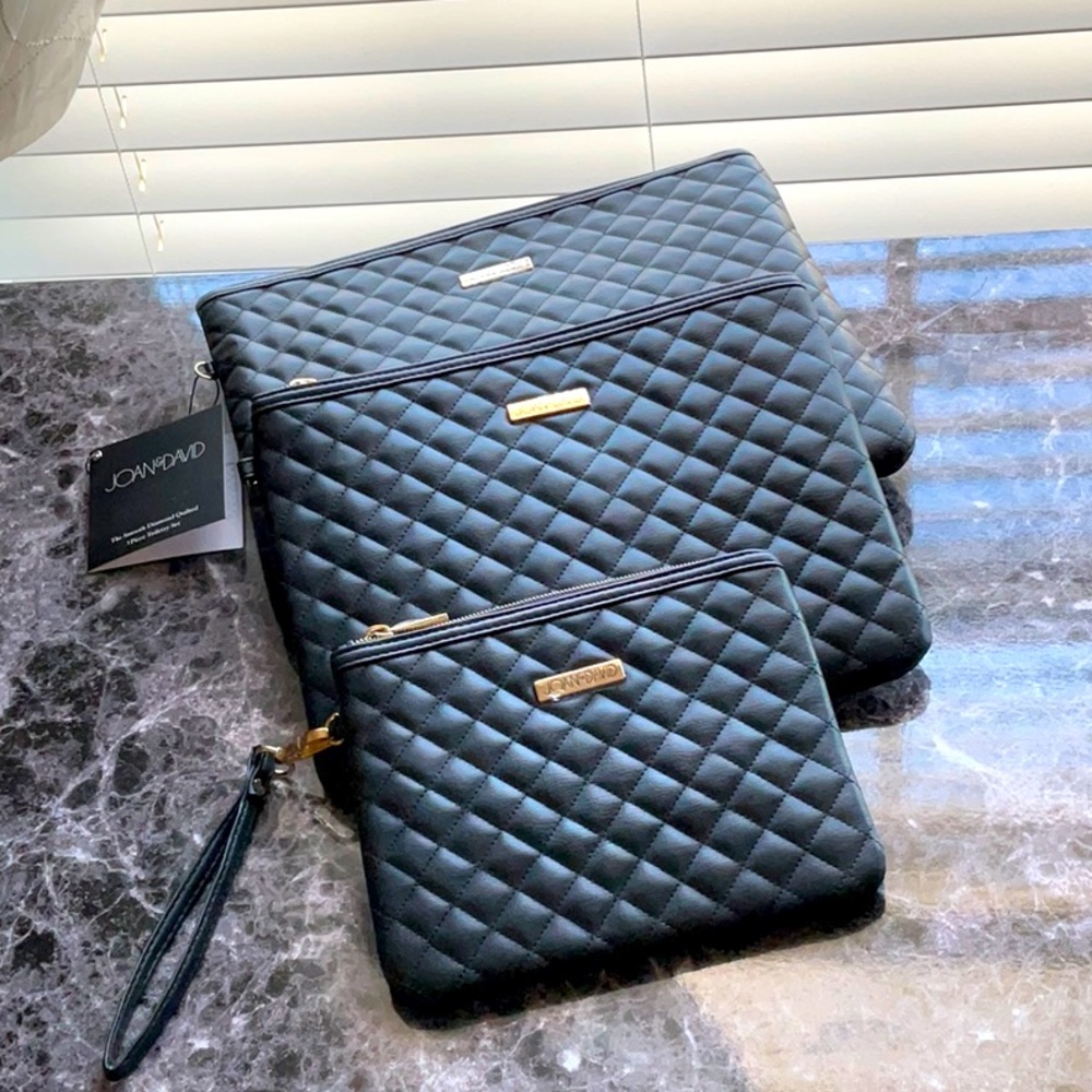 NWT Joan & David Diamond Quilted 3 Piece Travel Toiletries Set